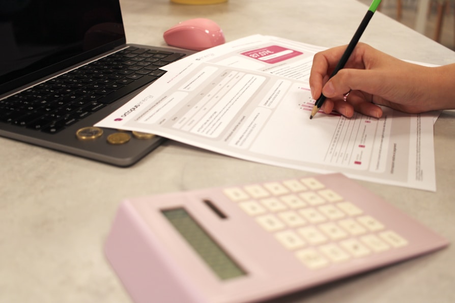 Desk with papers and calculator